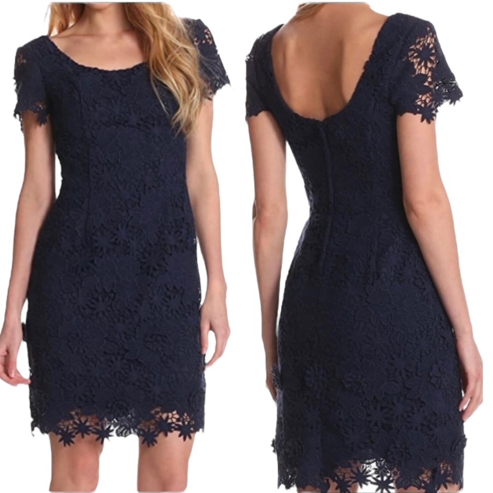 Lilly Pulitzer Marta Navy Blue 3D Floral Crochet Lace Sheath Mini Dress - 6